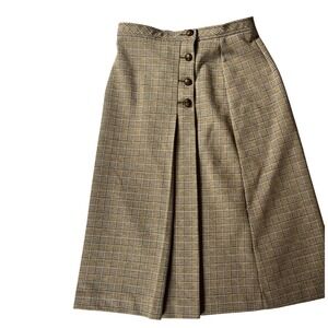 Vintage Sears Brown Plaid A-Line Skirt Button Front Pleat High Waist